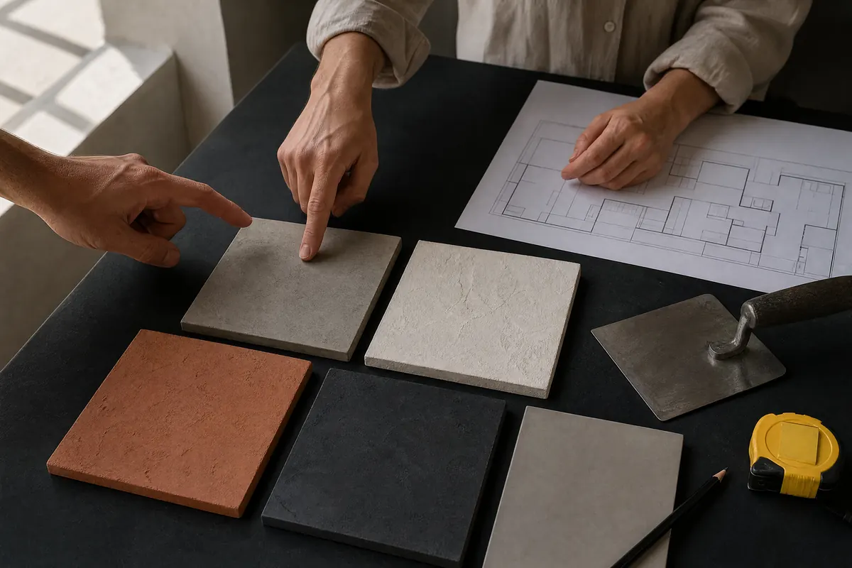 Muestras de MicroStone, cal, arcilla, pintura y Resinoq sobre un plano de arquitectura