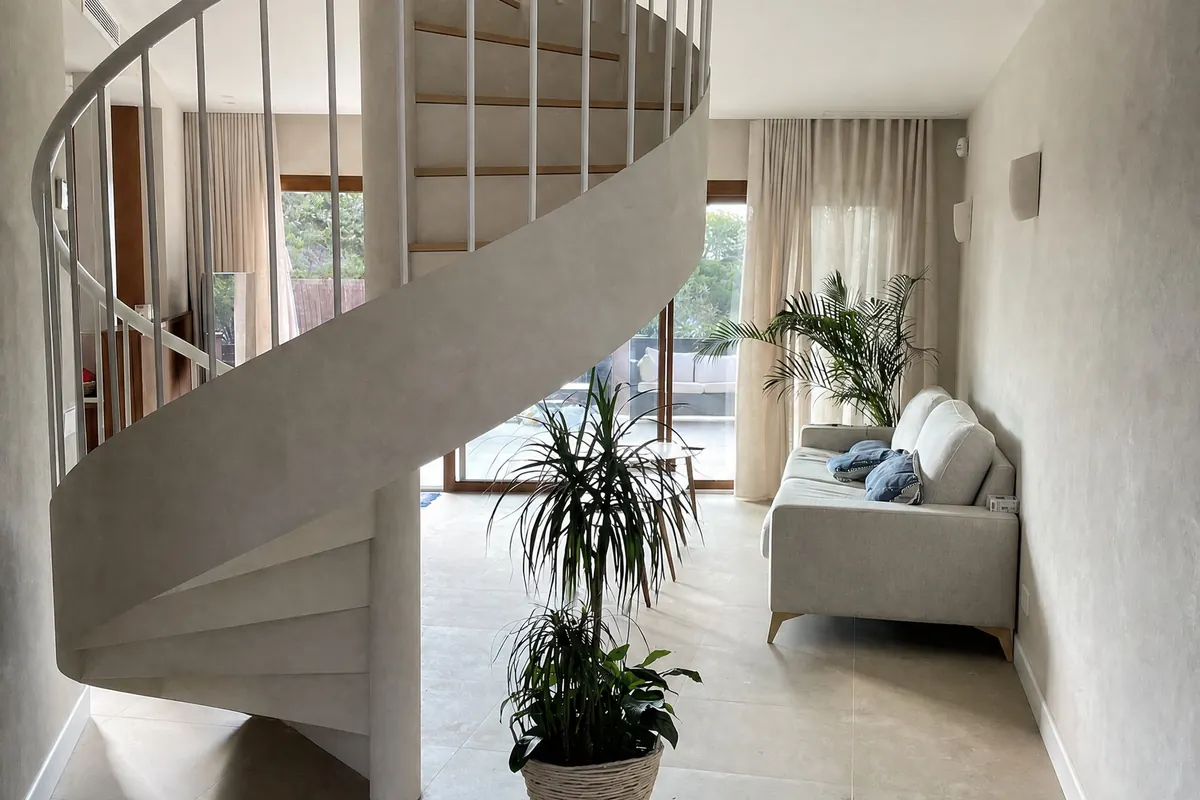 Recreación: la escalera con pisada de roble vista desde el salón